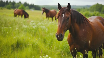 horses looking for food in a green field