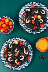 Vegan spaghetti, pasta with shrimp.