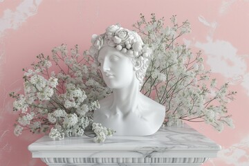 greek marble stone plinth head statue on pastel background with flowers coming out