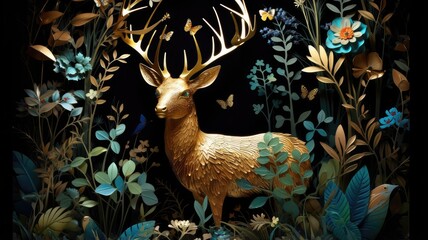 gilded deer in floral woodland fantasy