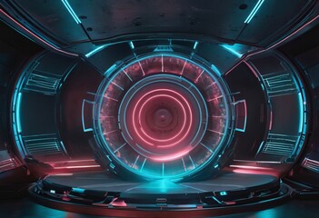 Obraz na płótnie Canvas Inside spaceship laboratory interior architecture and empty podium for cyberpunk product presentation. Technology and Sci-fi concept.
