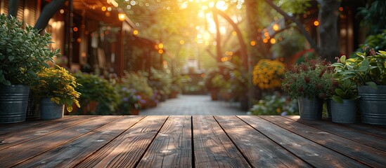 Summer embrace wooden table amidst nature serene layout. Morning light on planks greenery blur is no doubt. Rustic surface window to gardens tranquil scout