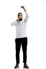 A man, full-length, on a white background, rejoices