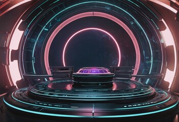 Inside spaceship laboratory interior architecture and empty podium for cyberpunk product presentation. Technology and Sci-fi concept.