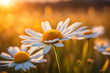 Close-up photo of a common daisy in full bloom. White petals radiate from a golden center, set...