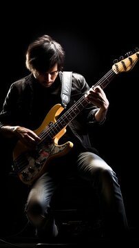 An image of a male musician enthusiastically playing an electric bass guitar, focusing on his intense expression and dynamic playing.