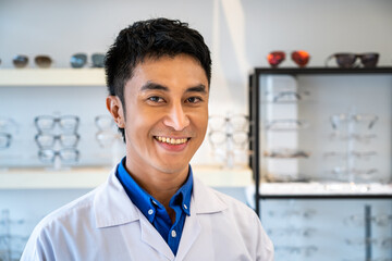 Portrait of young Asian male man optician in optical shop store, holding digital tablet. Eyecare...