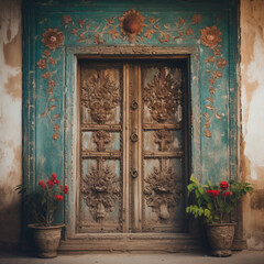 Old ornamental door in India - obrazy, fototapety, plakaty