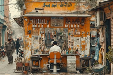 Indian street barber providing traditional haircuts on a busy street corner.