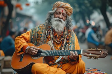 Indian street performer showcasing traditional folk dance and music on a busy street