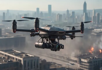Autonomous driverless aerial vehicle flying on city background, Future transportation with 5G technology concept