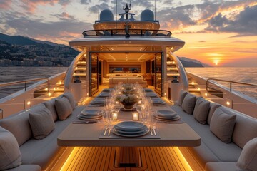 Dining table on the upper deck fancy yacht professional advertising food photography - obrazy, fototapety, plakaty