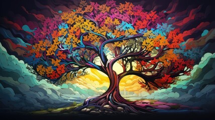 abstract tree with rainbow leaves