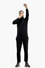 A man, full-length, on a white background, rejoices