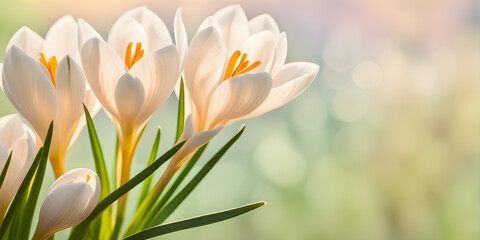 Bright crocuses in the morning light, first spring wildflowers, bokeh effect, selective focus