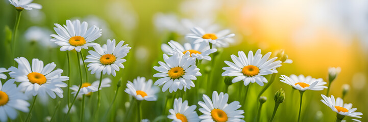Fototapeta premium Meadow of blooming daisies at dawn, spring background, banner