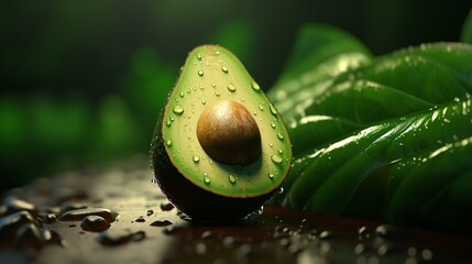 leaf with dew drops,half an avocado with a pit on the table on a green background