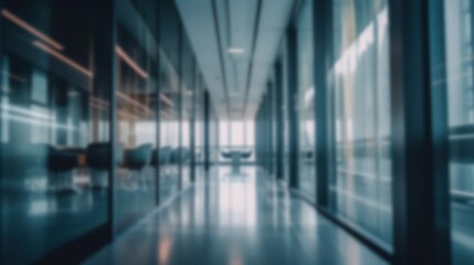 Dark blurred interior corporate office workspace in the evening, business presentation abstract background, Generative AI