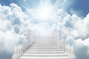 Fototapeta premium Stairway leading up to bright sky with clouds and sunlight