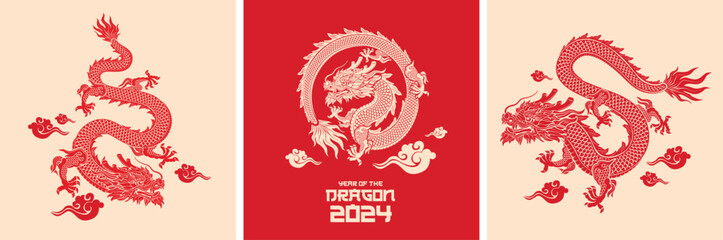 Set of Chinese zodiac dragon . 2024 Chinese New Year, year of the Dragon © HaiHai