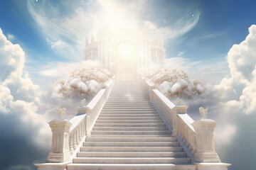 Stairway leading up to bright sky with clouds and sunlight