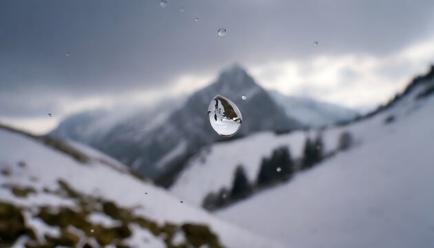 Water drop on a mountain peak with snow and sky in the background