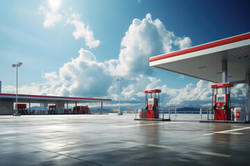 Gas station with blue sky and clouds. 3d rendering image