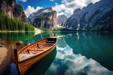 Fantastic view of famous Braies lake in Dolomites, Italy