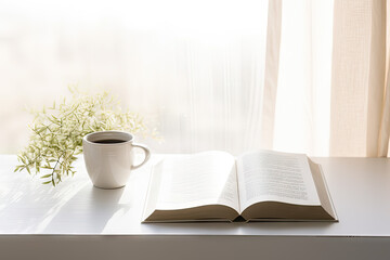 Open book and a cup of coffee on a white wooden table