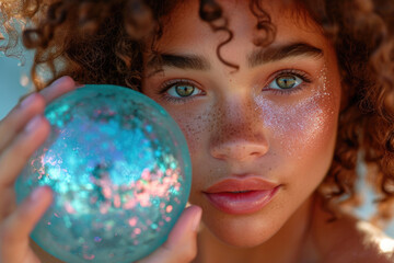 Fototapeta premium Afro retro beautiful model with perfect skin with ball