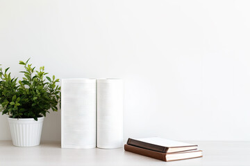 Open book and a cup of coffee on a white wooden table