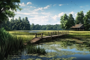 Wooden bridge over the lake in the park