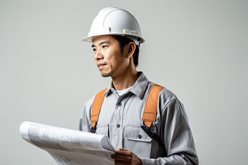 portrait of asian construction worker using a drill on white background