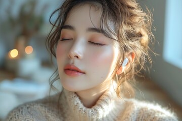 beautiful model japanese woman listening to music with headphones in home