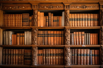 Antique bookshelves with old books in the interior of the library