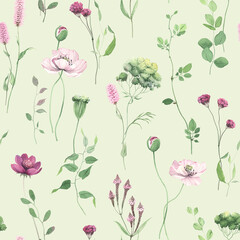 Delicate green seamless pattern with pink and purple flowers, green plants. Watercolor floral illustration for textile, spring background or wallpapers, hand drawn decorative print.
