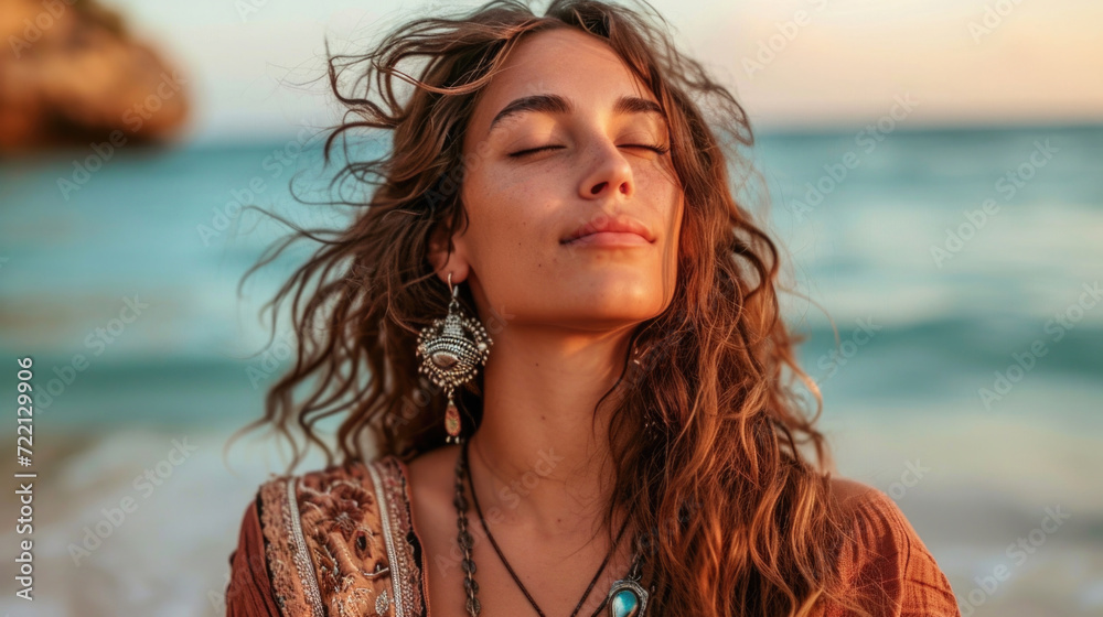 Canvas Prints Boho style girl in Indian silver jewelry on the beach