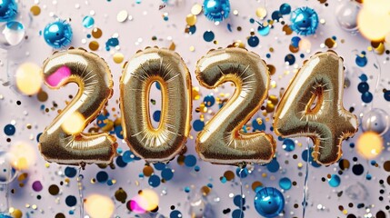 BOLD TEXT "2024" Illustration, Layout, celebration on isolated BACKGROUND, 2024 Happy New Year, Balloons, Confetti, Celebration, Party Celebration Poster, Banner.