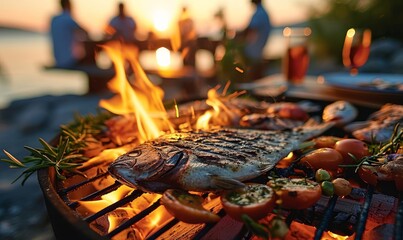 Barbecue party with people in the background, grilled steak, whole fish, fire, summer party, barbecue at the beach, sea,  people having fun, family and friends, Generative AI
