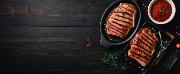 Delicious grilled pork steaks with spices on dark wooden table, flat lay. Space for text 
