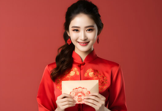 A smiling Chinese woman in a traditional red dress holding a red envelope isolated on a red background, celebrating Chinese New Year.