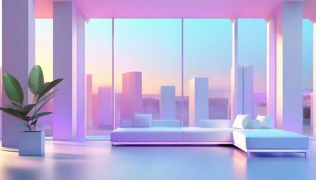 Uma sala ampla, realista, janela grande, cidade, pr&eacute;dios, sof&aacute;, plantas, minimalista, conceitual.