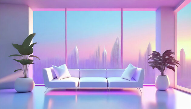 Uma sala ampla, realista, janela grande, cidade, pr&eacute;dios, sof&aacute;, plantas, minimalista, conceitual.