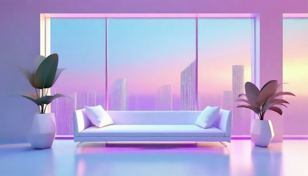 Uma sala ampla, realista, janela grande, cidade, pr&eacute;dios, sof&aacute;, plantas, minimalista, conceitual.