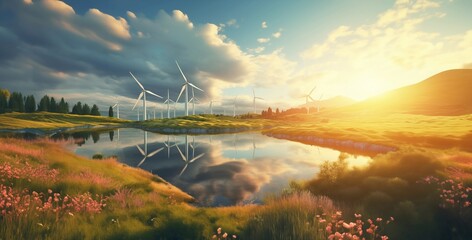 Wind turbines against the backdrop of a beautiful landscape. Alternative energy source. 3d rendering.