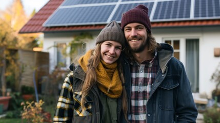 A happy couple standing in front of a large house with solar panels