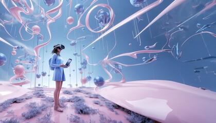 Virtual reality experience. Woman wearing virtual reality glasses in a futuristic space. 3D rendering. 