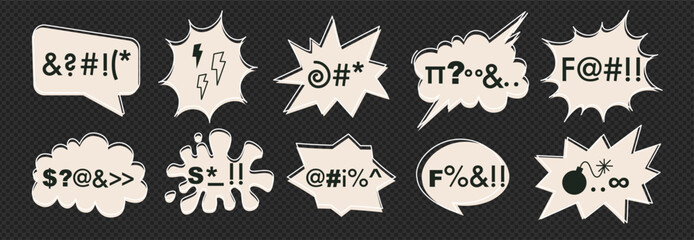 Set of hand drawn comic speech bubbles with swear words. Abstract anime icons, curses and skull. Swear words in text bubbles to express exclamation. Harsh mood. Banner, poster, sticker concept