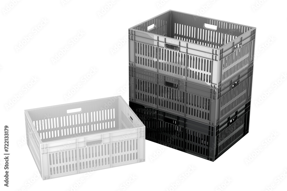 Poster plastic crates stackable, 3d rendering isolated on transparent background
