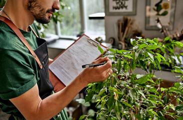 Stock control at store. Close up of male worker of flower shop standing at workplace with pen and clipboard in hands. Caucasian man in black apron touching ficus leaf and filling inventory report.